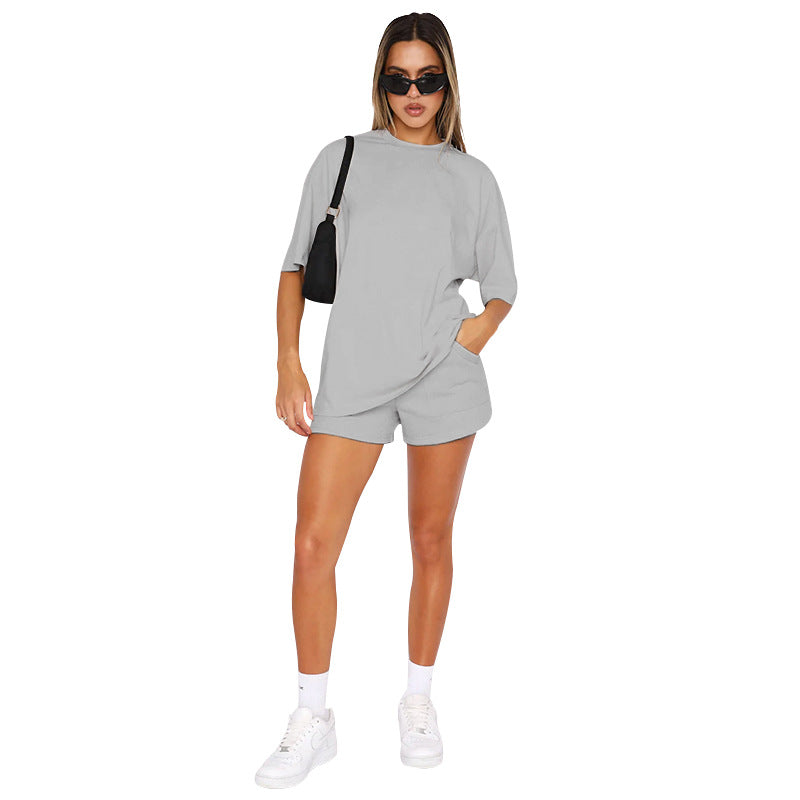 Color Round Neck Half Sleeve Pullover Top Clothing Shorts Suit Summer