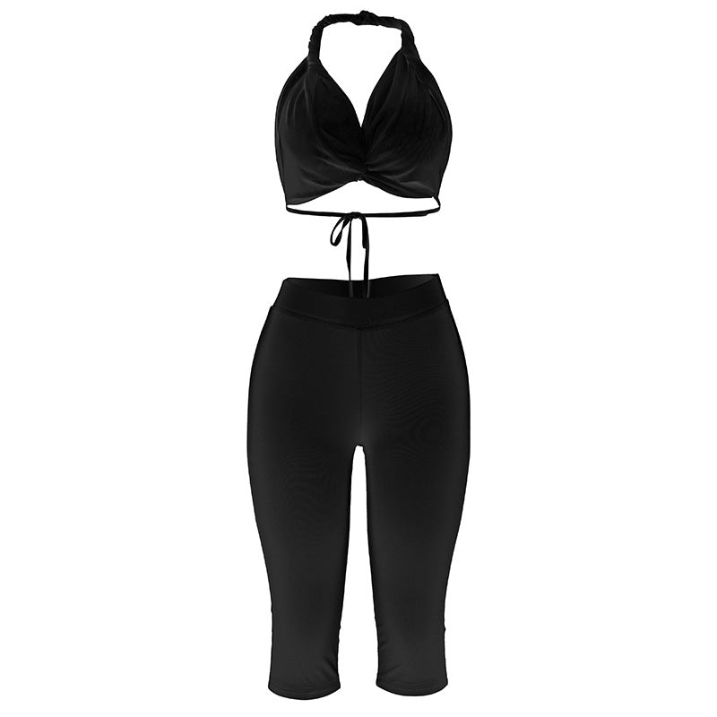 Fall Clothing Halter Bikini Backless Lace Up Cropped Pants Suit
