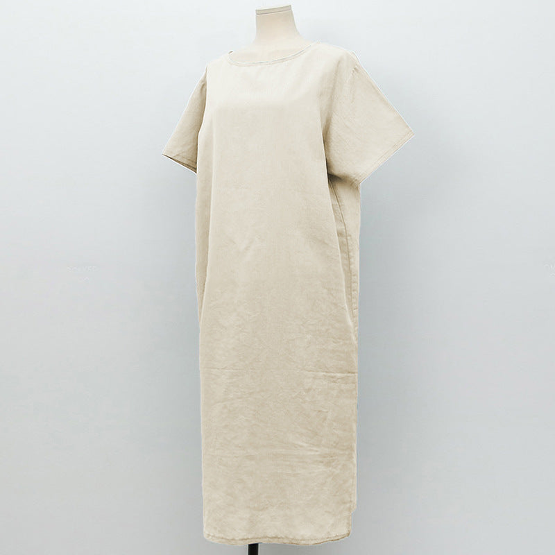 Spring Summer Dress Cotton Linen Niche Clothing Cotton Short Sleeve Simple Loose Maxi Dress