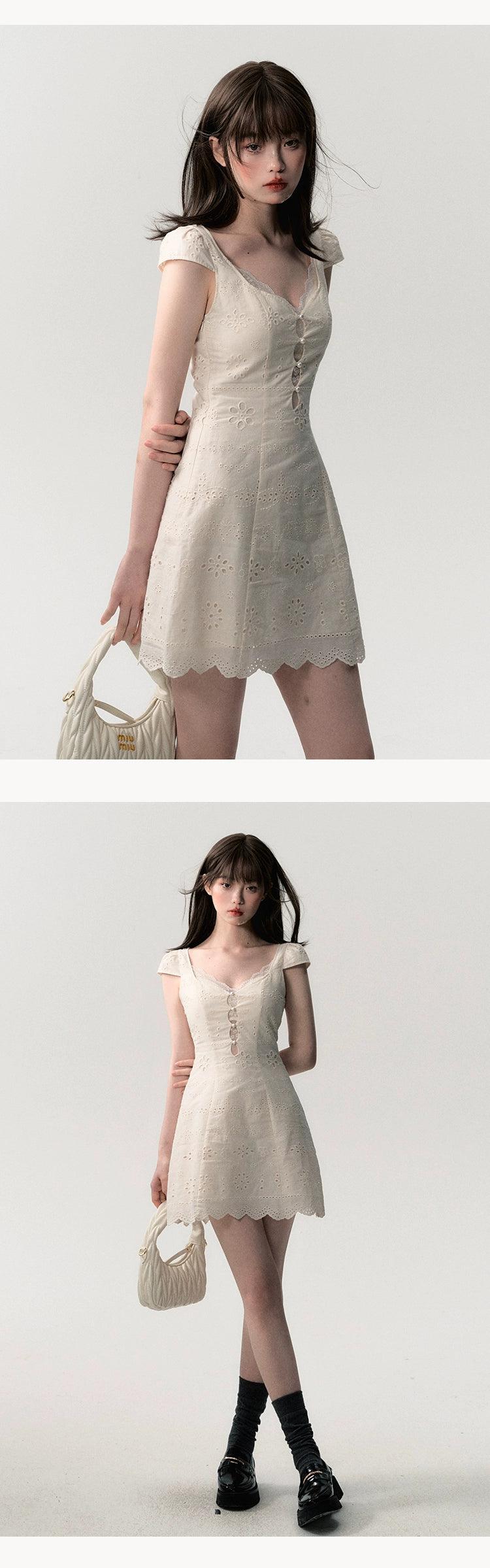 Oakmoo Off-white Cotton Eyelet Lace Sweetheart Dress