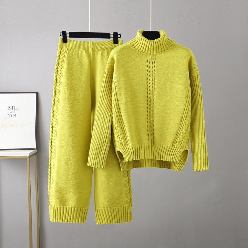 Turtleneck Pullover Thickened Knitting Sweater Set Autumn Winter Loose Idle Wide Leg Pants Two Piece Set