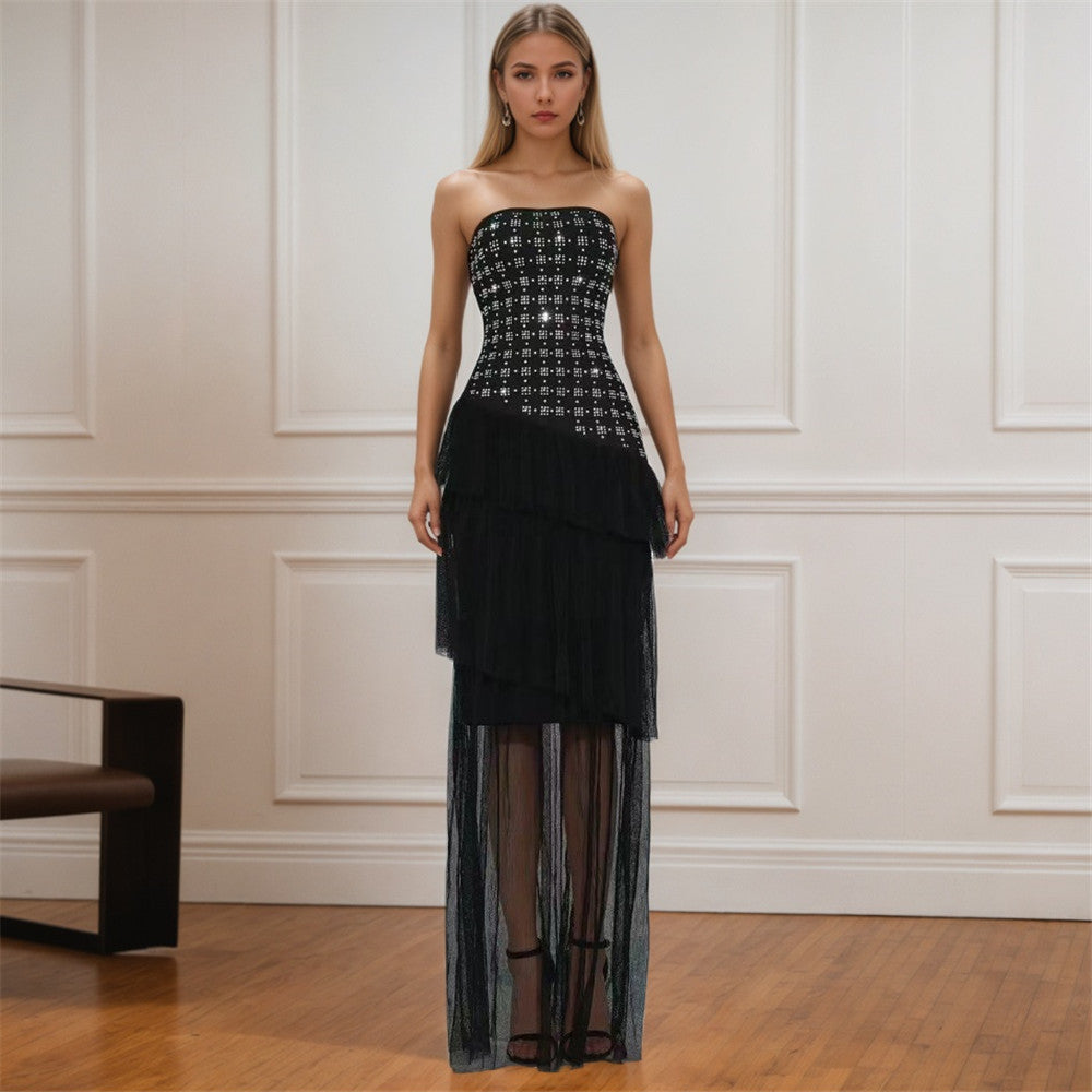 Special Interest Design Rhinestone Tube Top Bandage Dress Mesh Stitching Maxi Dress Party Dress