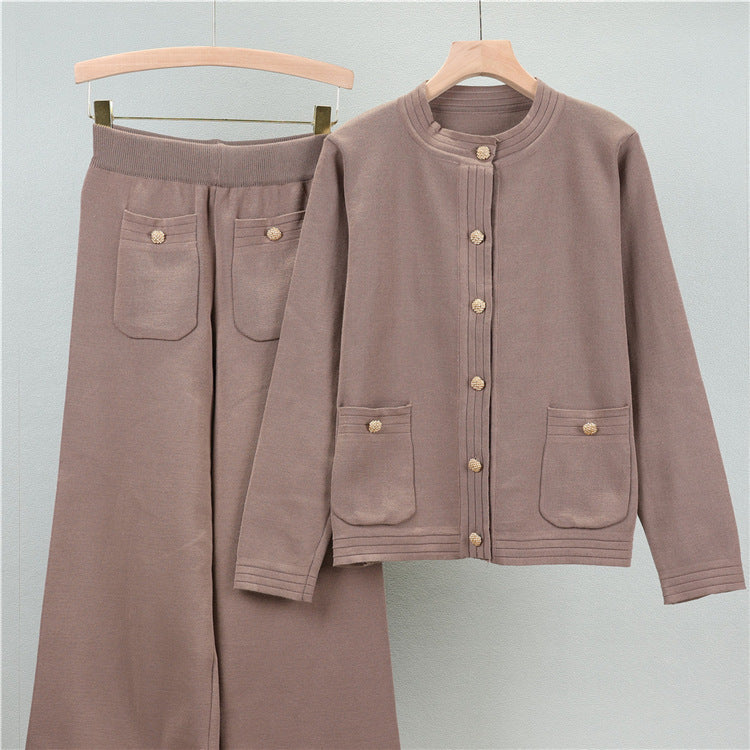 Khaki – Cardigan Top & Wide-leg Pants Two Piece Set