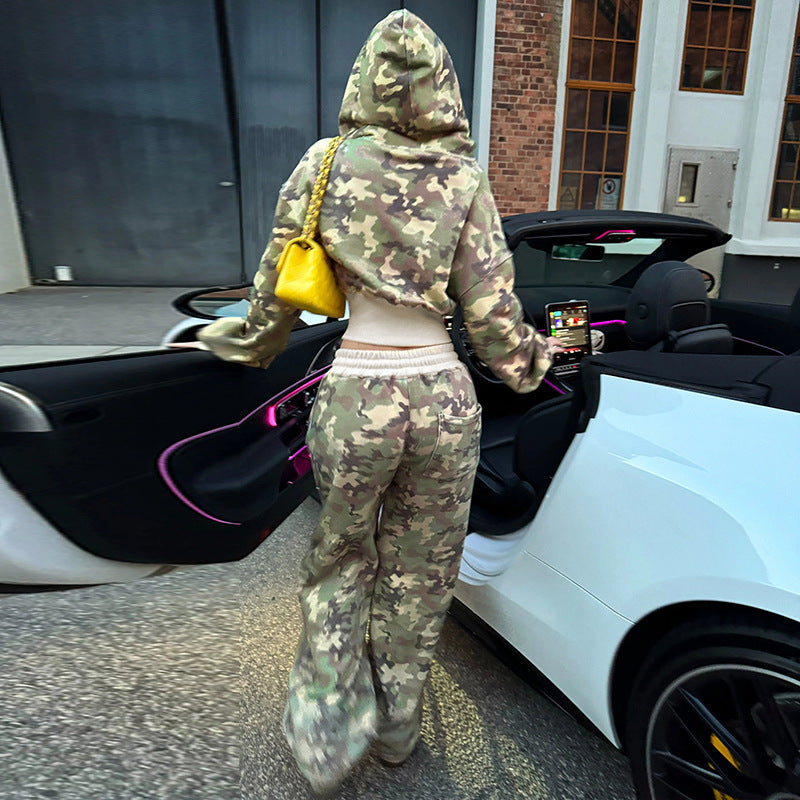 Contrast Color Cinched Hoodie Long Sleeve Sweatshirt Sweatpants Two Piece Camouflage Cardigan Coat Trousers Sets