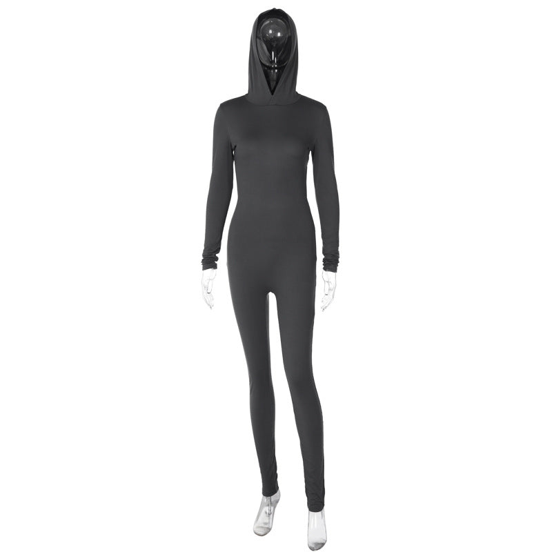 Clothing Winter Color Long Sleeve Hooded Backless Slim Fit Sports Jumpsuit