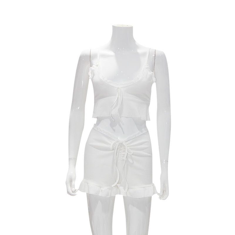 Clothing Summer Wear Suit Street Hipster Color Sleeveless Cold Shoulder Vest Lace Trimmed Shorts Cotton