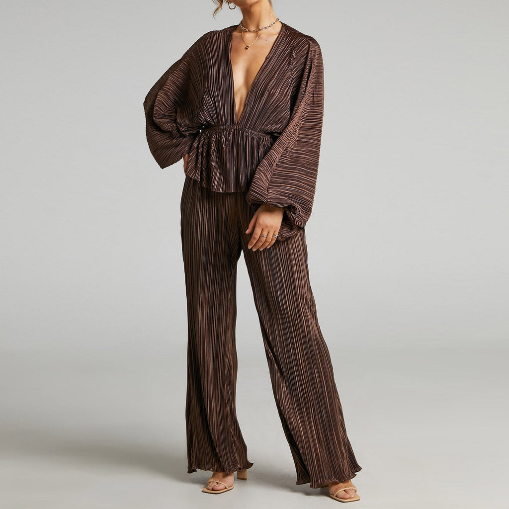 Clothing Set Autumn Winter High Elastic Pleated Waist Deep V Plunge Plunge Wide Leg Pants Two Piece Set