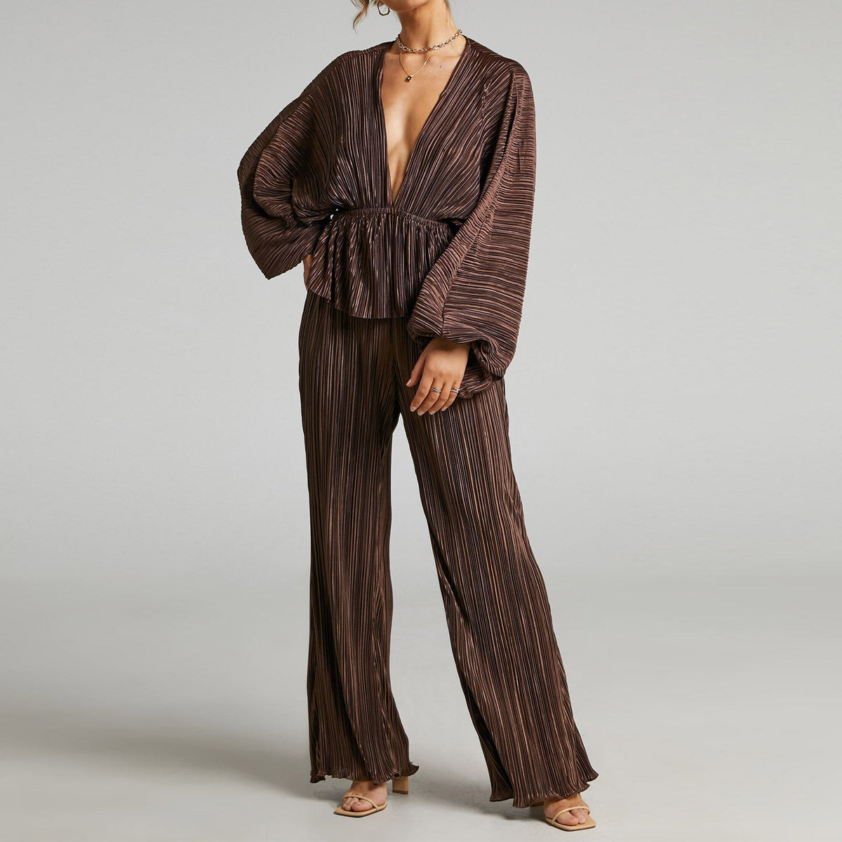 Clothing Set Autumn Winter High Elastic Pleated Waist Deep V Plunge Plunge Wide Leg Pants Two Piece Set