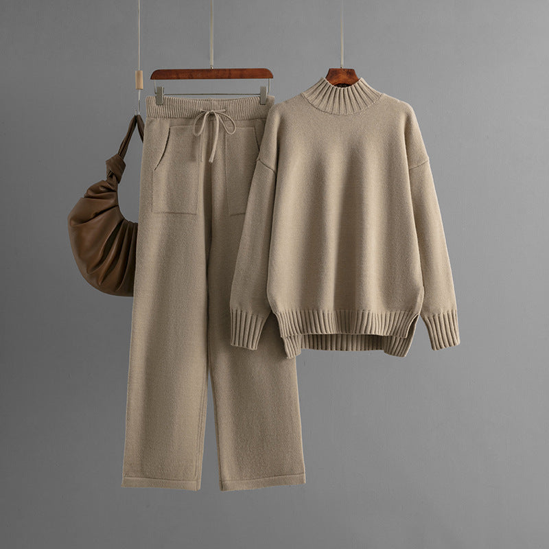 Cold Proof Knitted Suit Thick Loose Sweater Half High Collar Long Sleeves Two Piece Suit