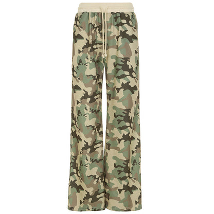 Contrast Color Cinched Hoodie Long Sleeve Sweatshirt Sweatpants Two Piece Camouflage Cardigan Coat Trousers Sets