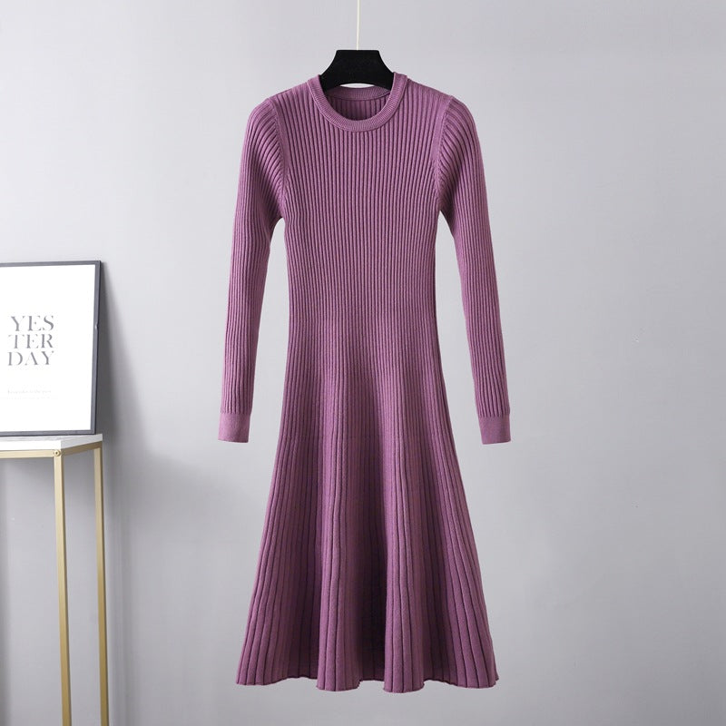 Fall Winter Slim Dress Mid Length Dress Round Neck Color Inner Wear Base Sweater Dress a Line Dress