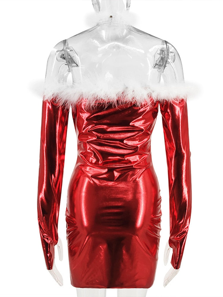 Christmas New Year Costumes Faux-fur Tight Mini Dress Stylish Off-shoulder
