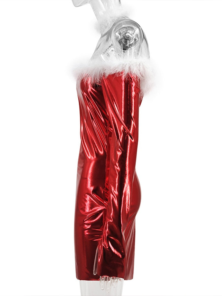 Christmas New Year Costumes Faux-fur Tight Mini Dress Stylish Off-shoulder