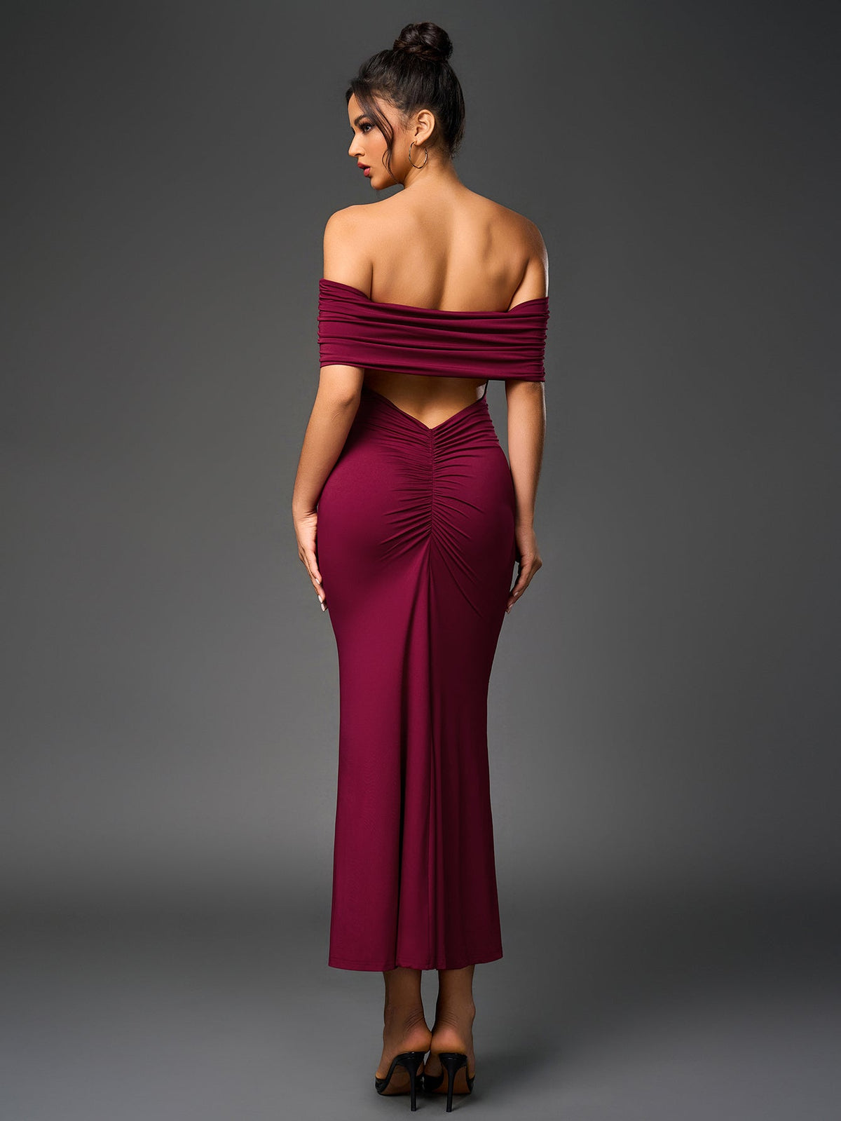 Off Shoulder Cut Out Back Ruched Bodycon Dress