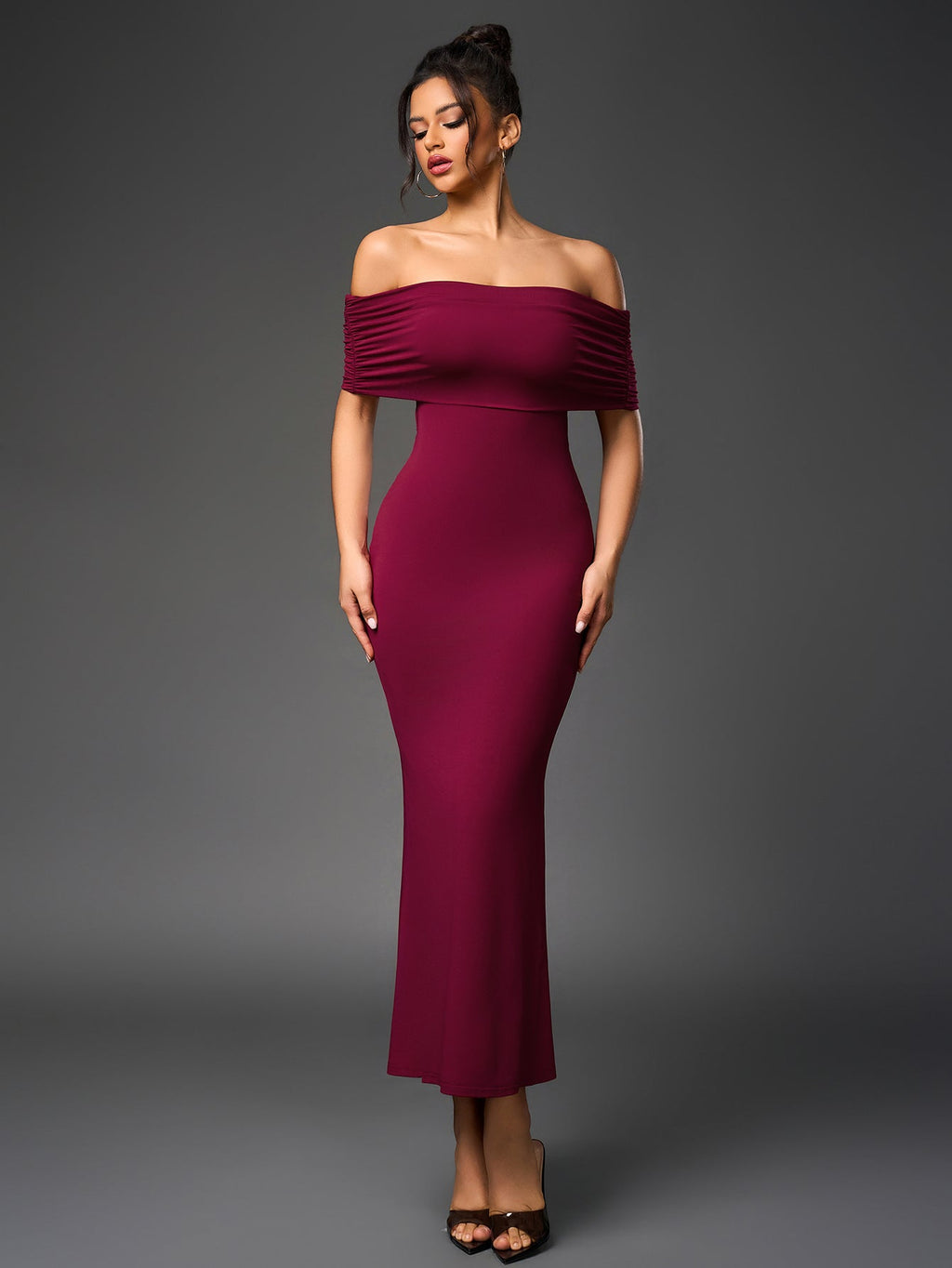 Off Shoulder Cut Out Back Ruched Bodycon Dress