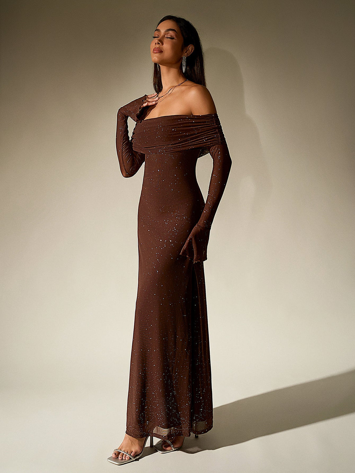 Off Shoulder Flounce Sleeve Mesh Sequin Dress