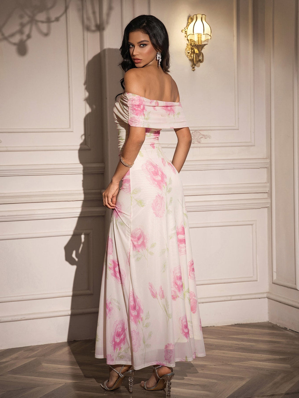 Off Shoulder Ruched Print Dress