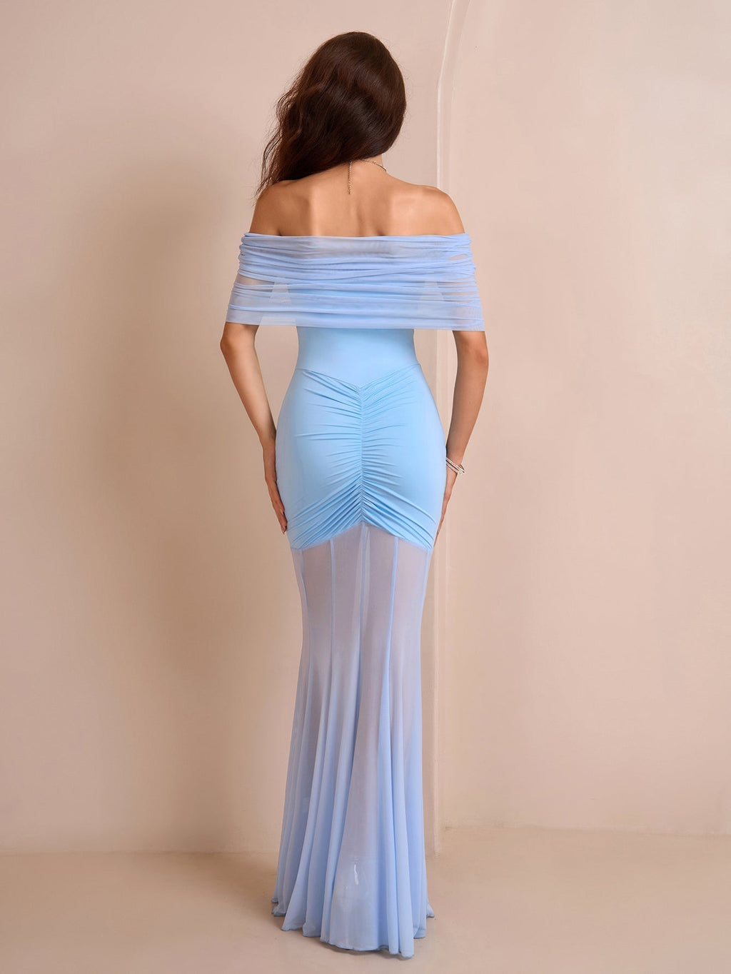 Off Shoulder Ruched Mesh Bodycon Dress