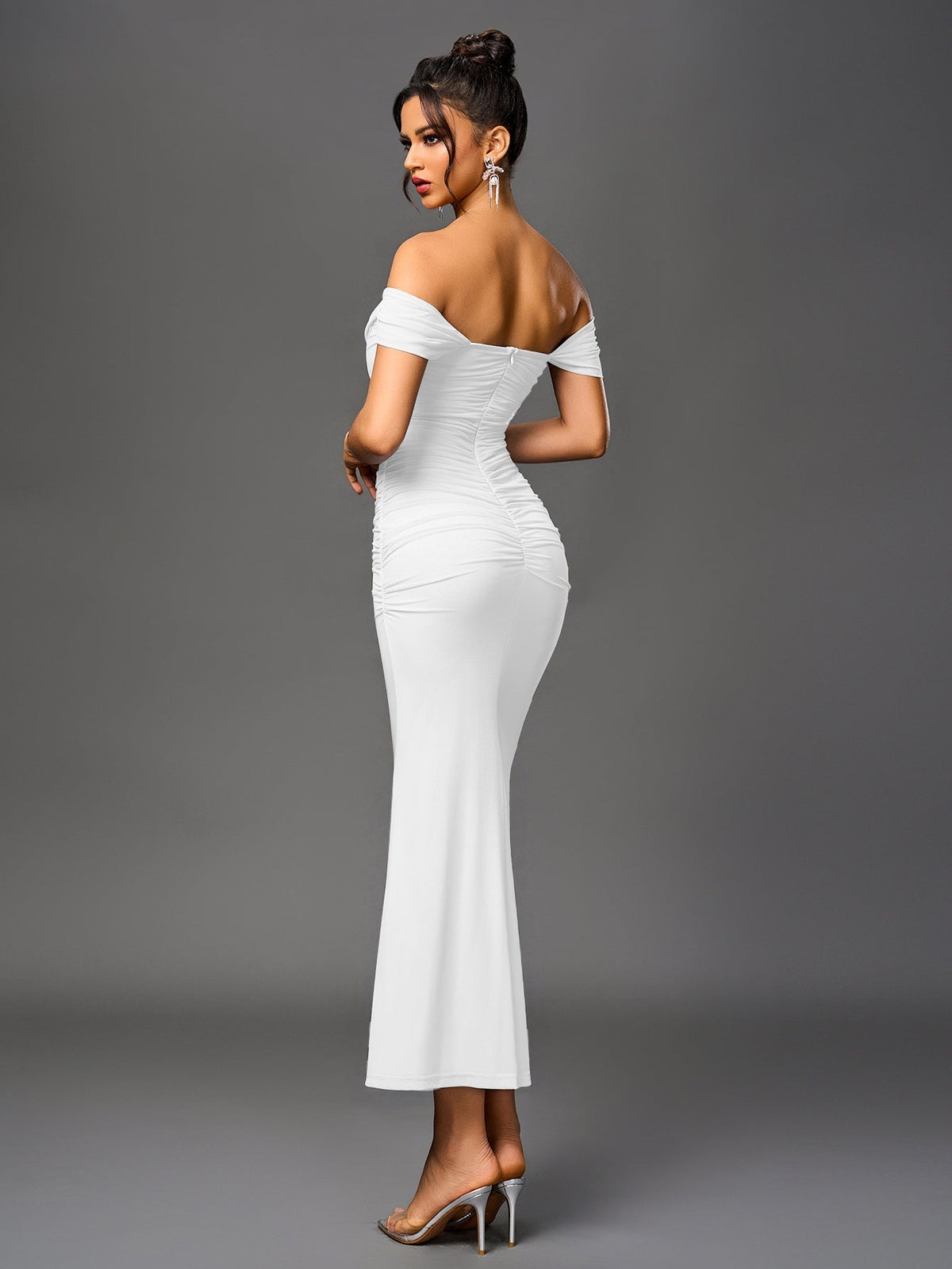 Off Shoulder Ruched Zipper Back Bodycon Dress