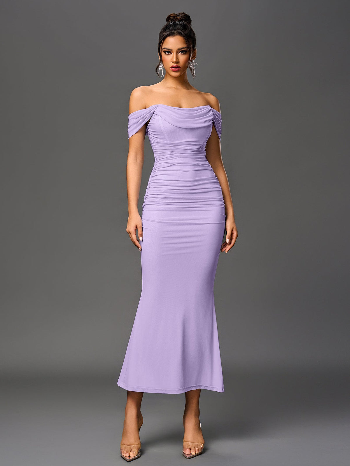 Off Shoulder Ruched Zipper Back Bodycon Dress