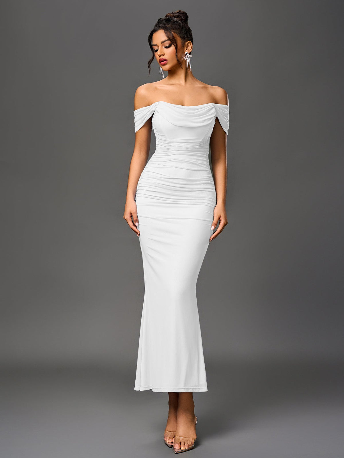 Off Shoulder Ruched Zipper Back Bodycon Dress