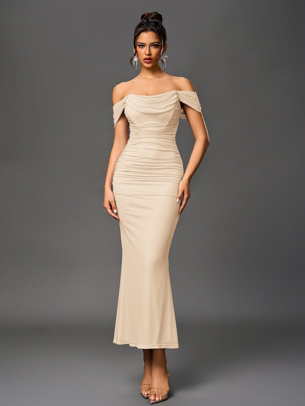 Off Shoulder Ruched Zipper Back Bodycon Dress