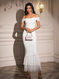 Off Shoulder Zipper Back Ruched Maxi Dress