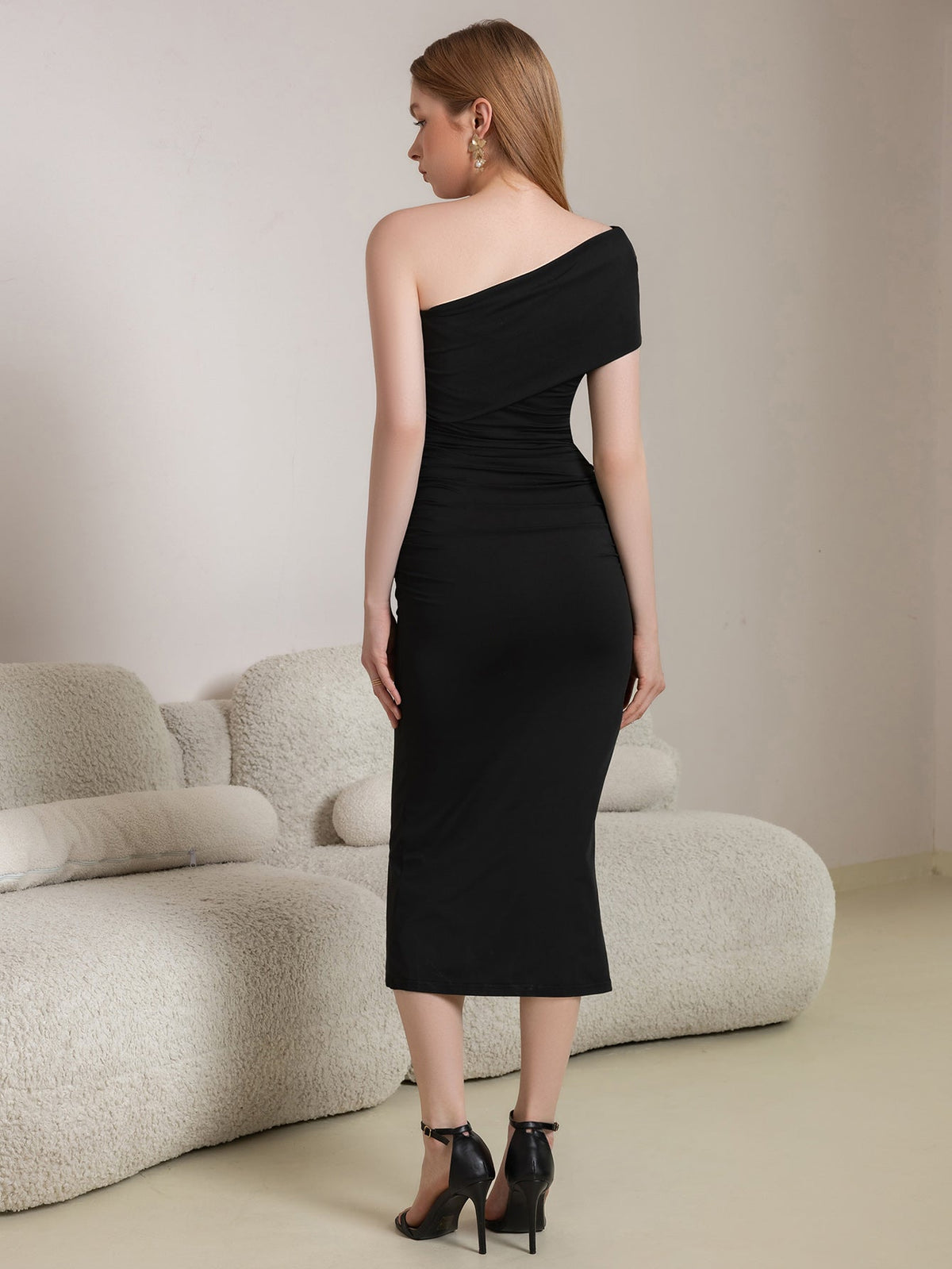 One Shoulder Ruched Midi Dress