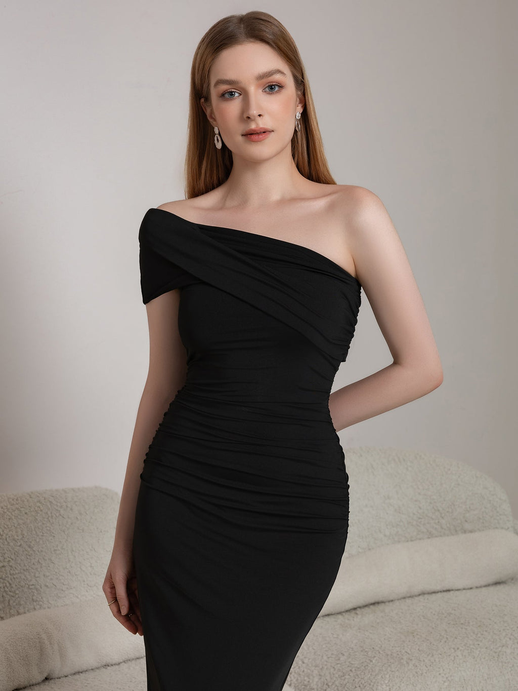 One Shoulder Ruched Midi Dress