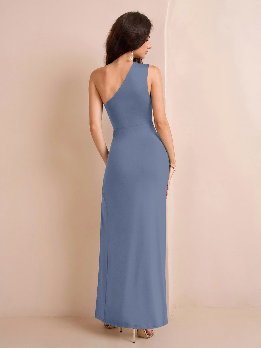 One Shoulder Ruched Waist Split Thigh Dress