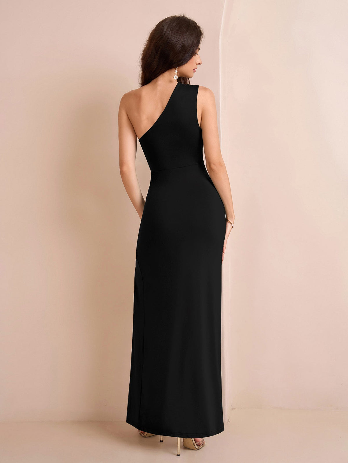 One Shoulder Ruched Waist Split Thigh Dress