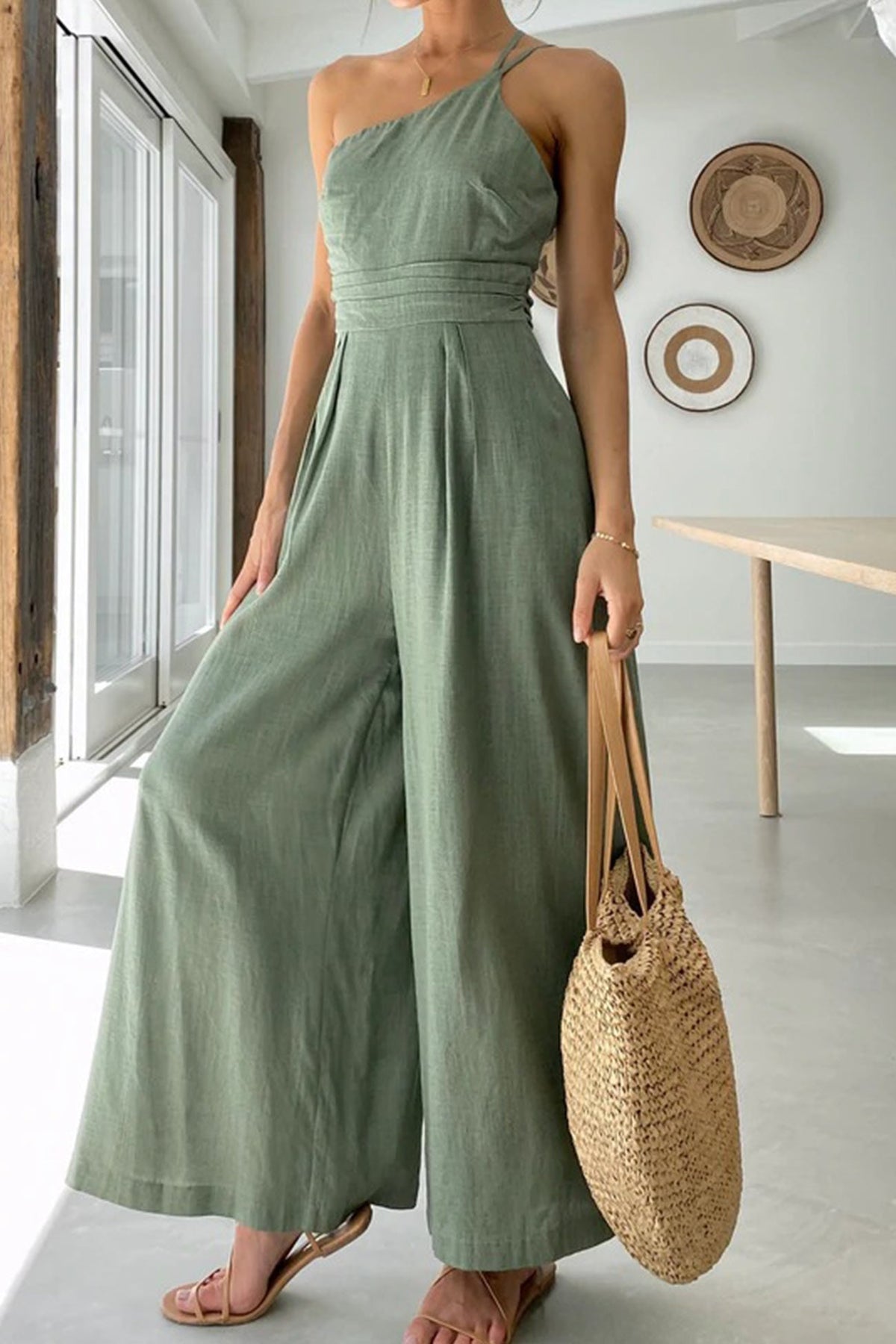 One Shoulder Color Wide Leg Jumpsuits