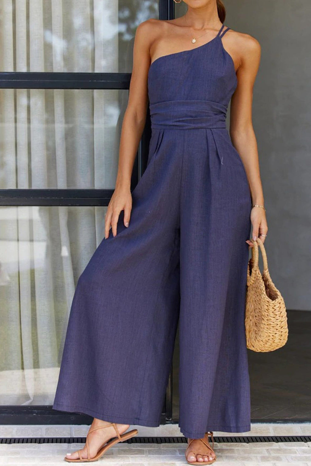One Shoulder Color Wide Leg Jumpsuits