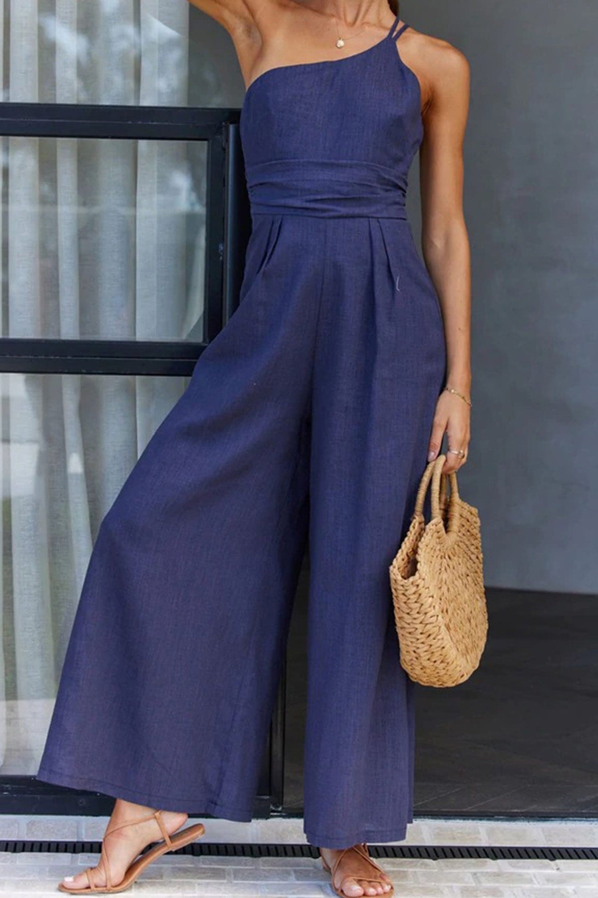 One Shoulder Color Wide Leg Jumpsuits