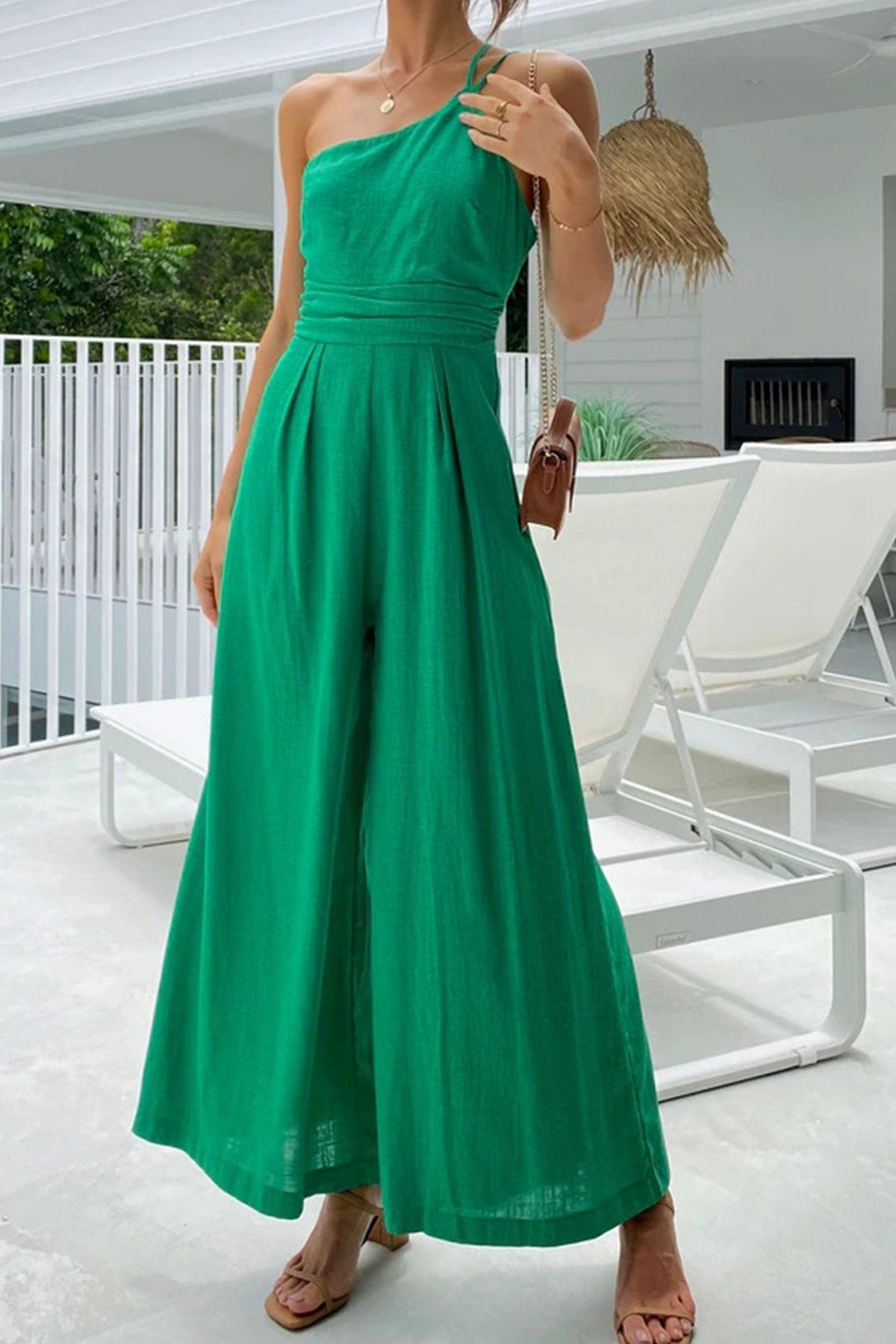 One Shoulder Color Wide Leg Jumpsuits