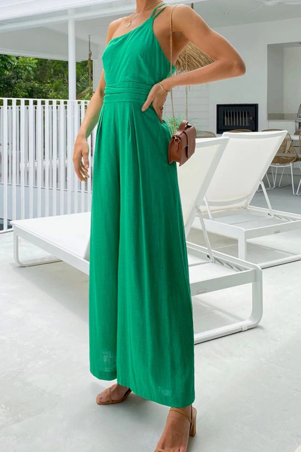 One Shoulder Color Wide Leg Jumpsuits