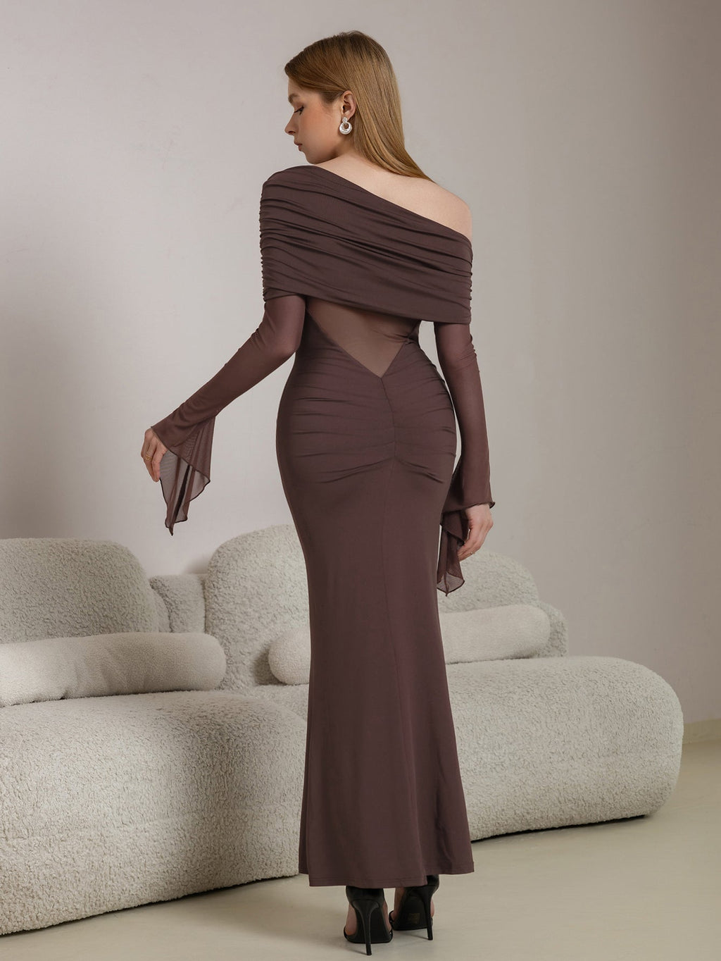 One Shoulder Spliced Ruched Trim Mermaid Mesh Dress