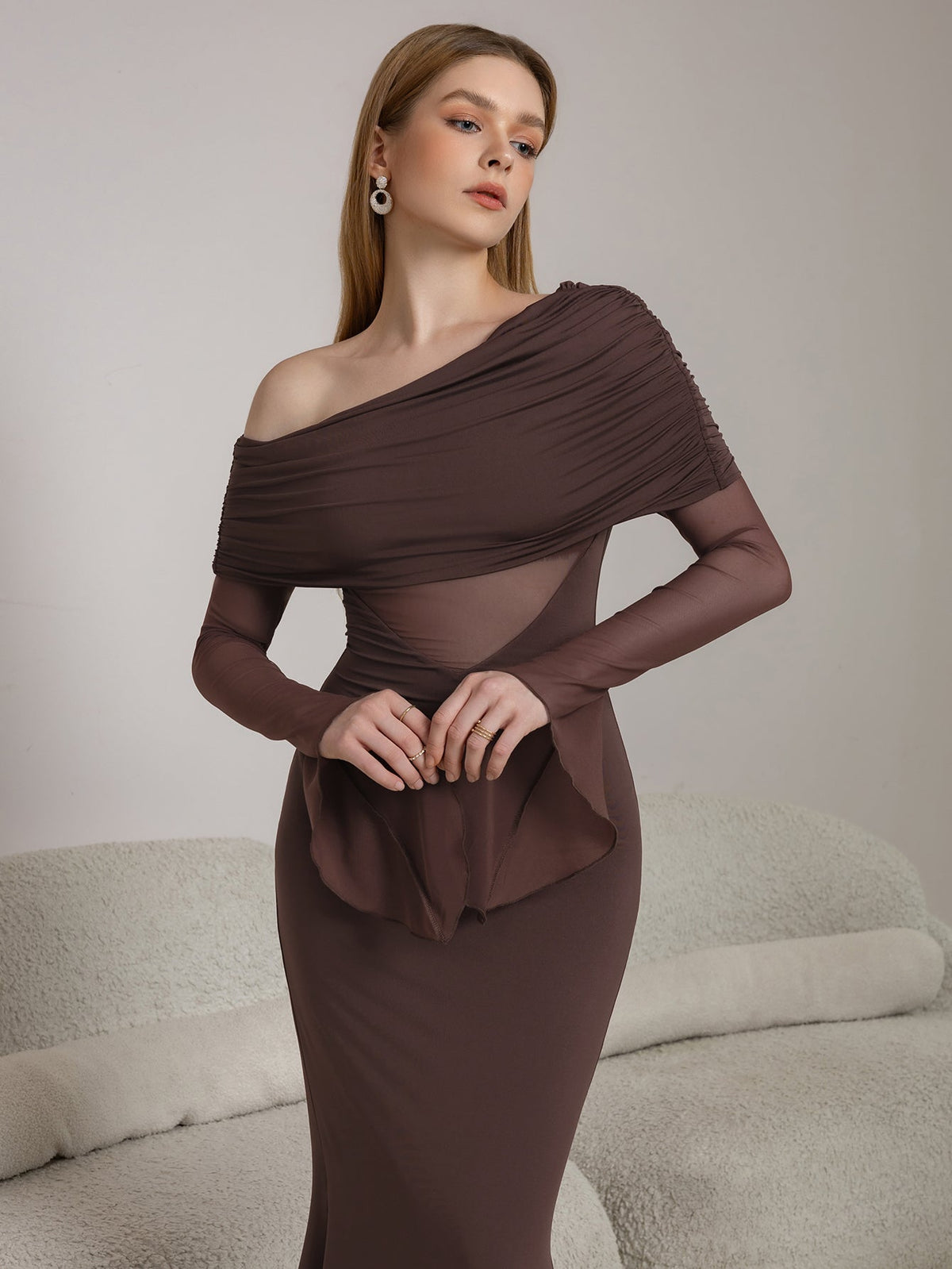 One Shoulder Spliced Ruched Trim Mermaid Mesh Dress