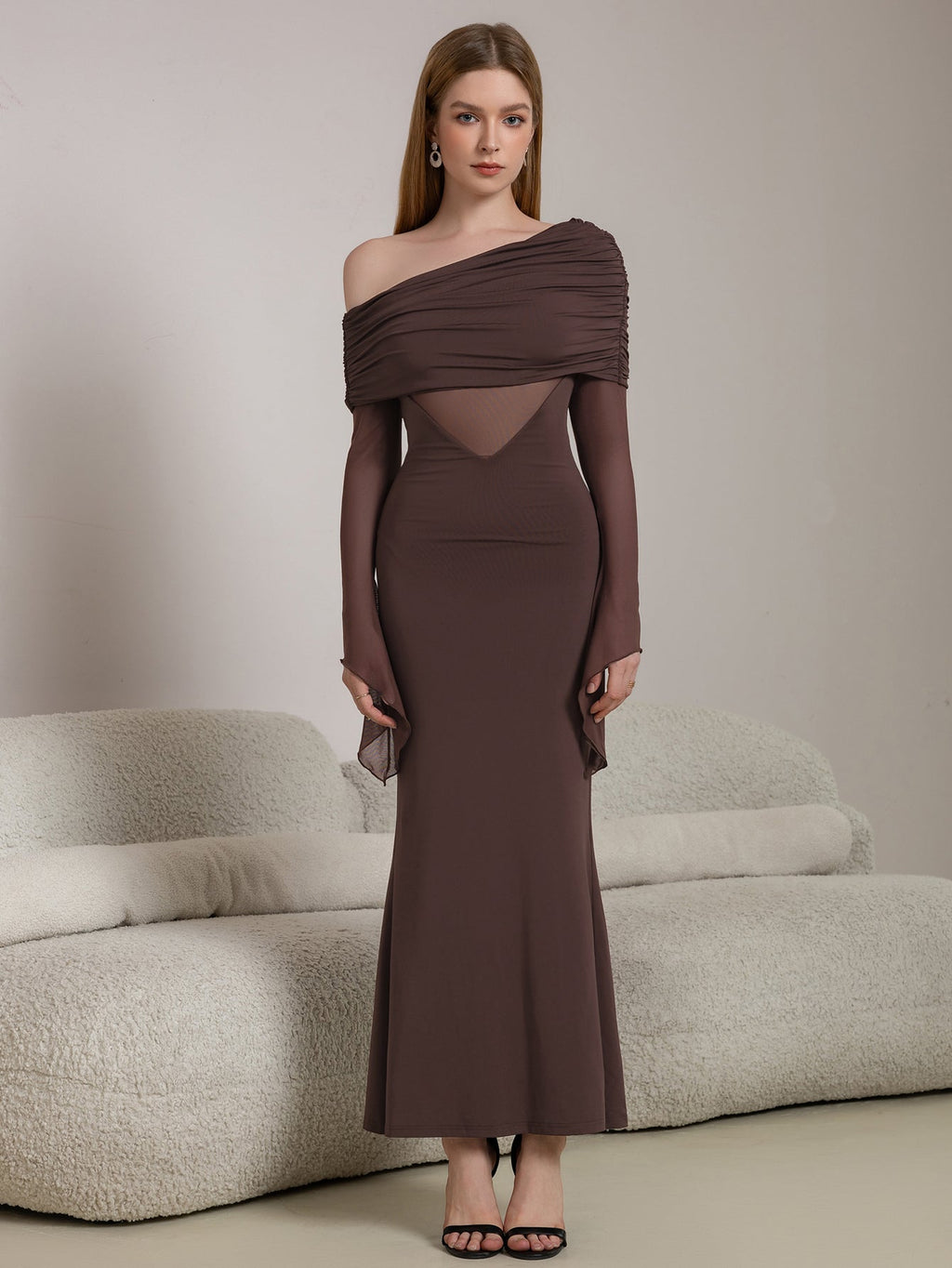 One Shoulder Spliced Ruched Trim Mermaid Mesh Dress