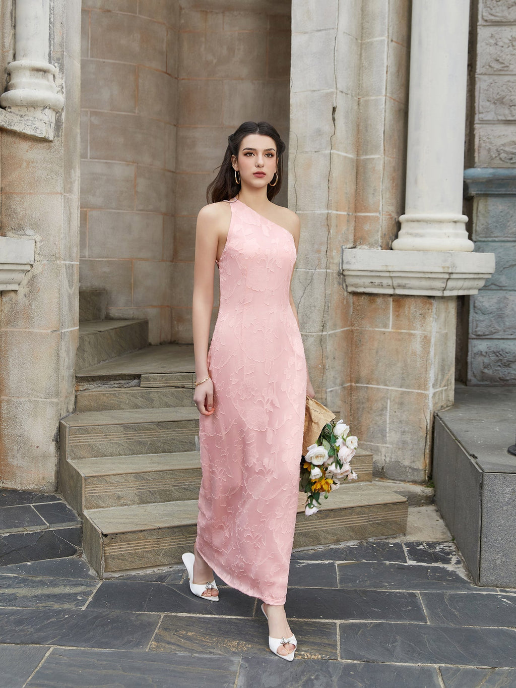 One Shoulder Tie Back Backless Jacquard Long Dress