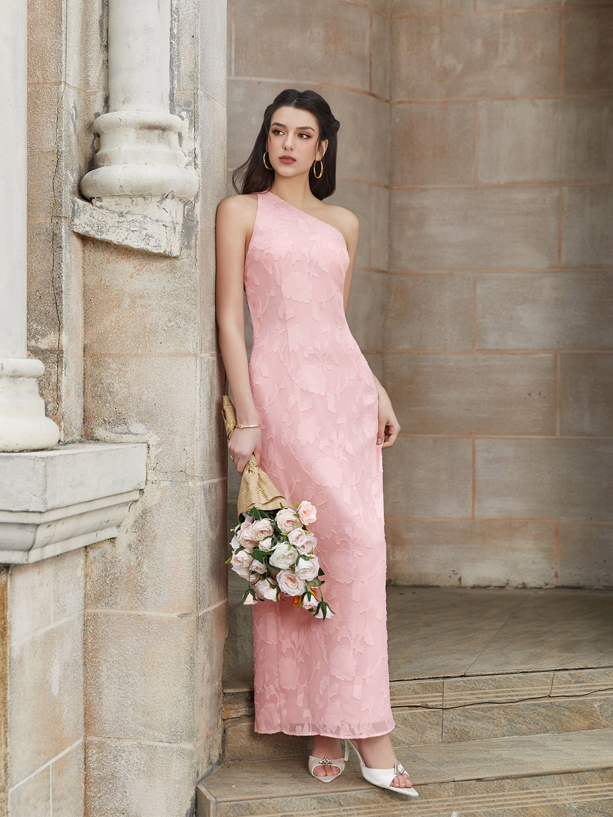 One Shoulder Tie Back Backless Jacquard Long Dress