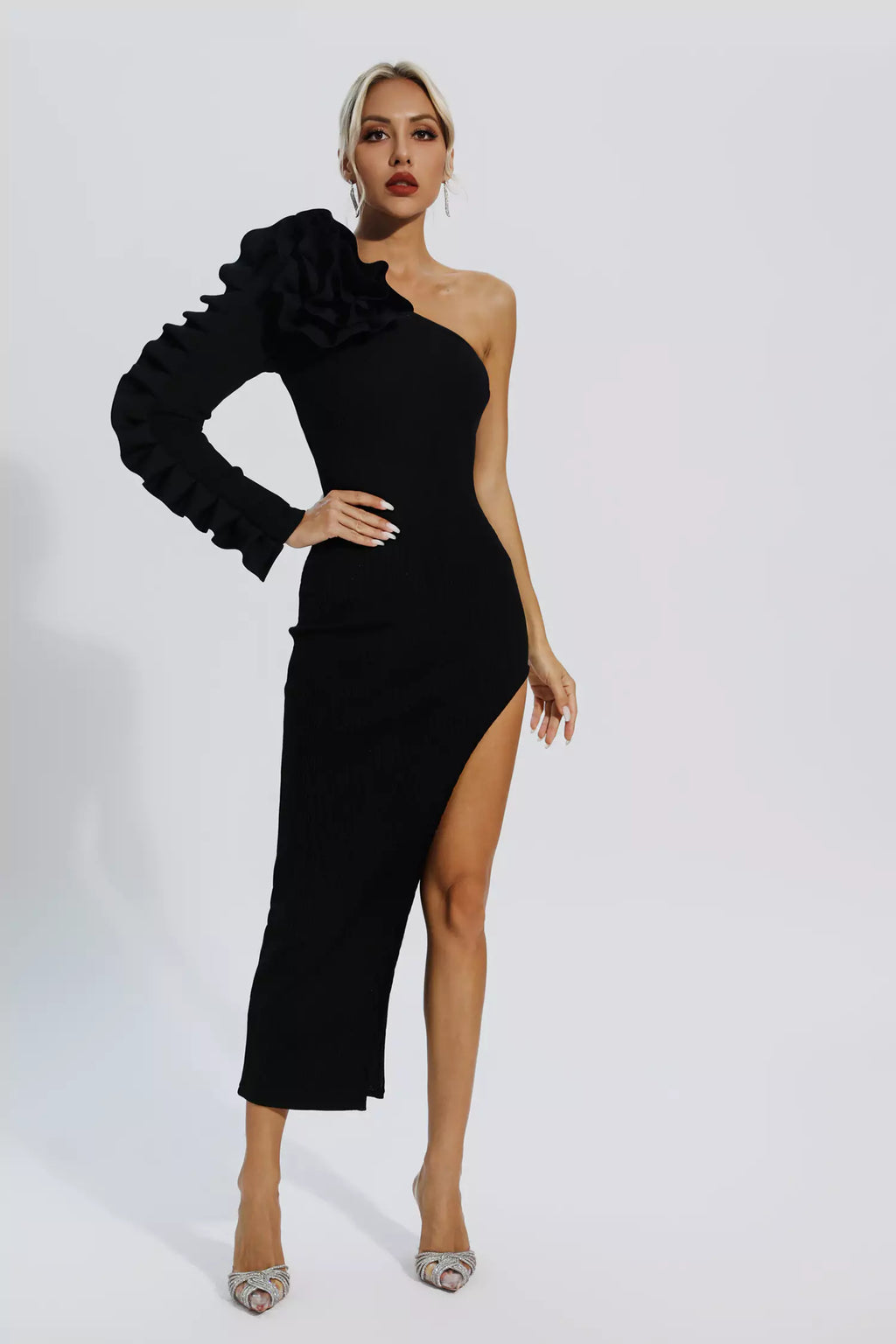 Opal Black Flower Bandage Knit Midi Dress