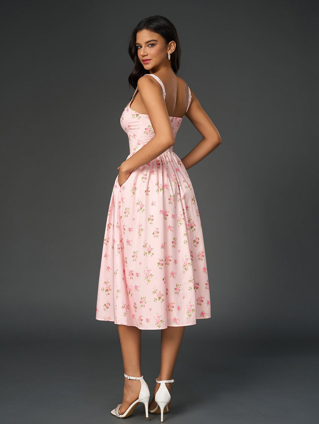 Openwork Split Thigh Pocket Print Dress