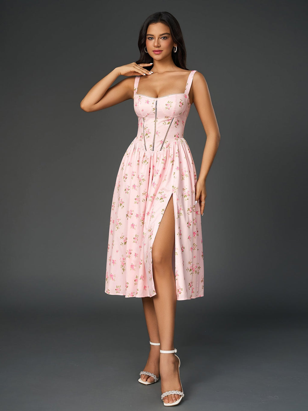 Openwork Split Thigh Pocket Print Dress