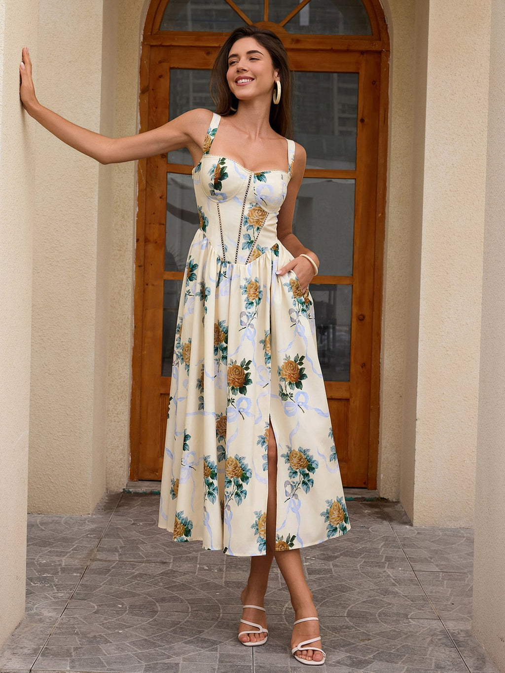 Openwork Split Thigh Pocket Print Dress