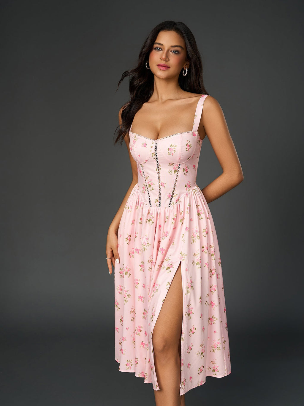 Openwork Split Thigh Pocket Print Dress