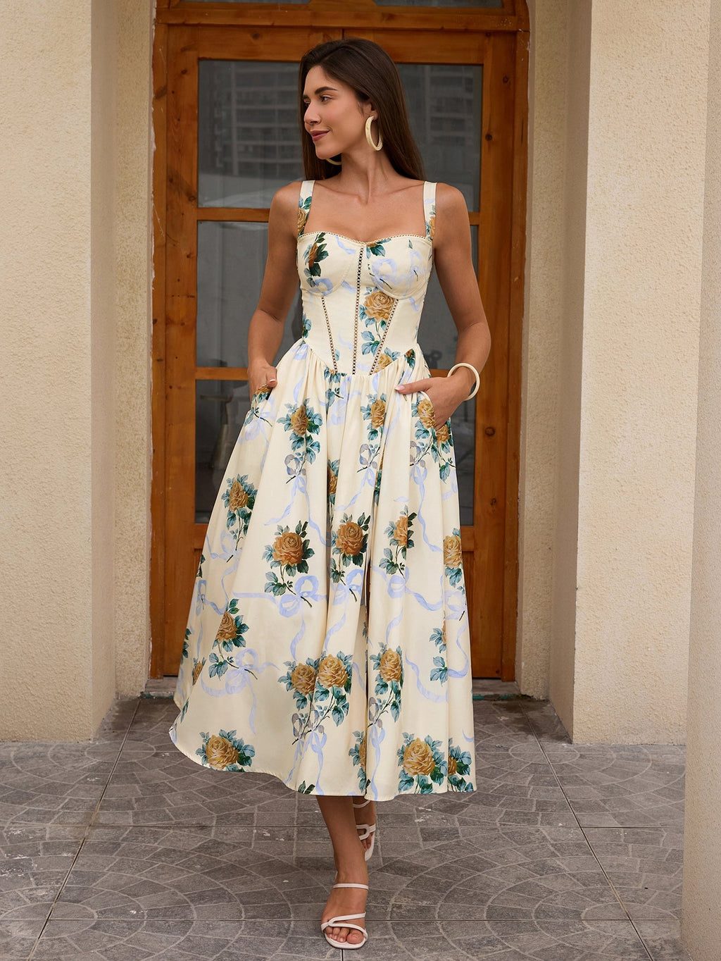 Openwork Split Thigh Pocket Print Dress