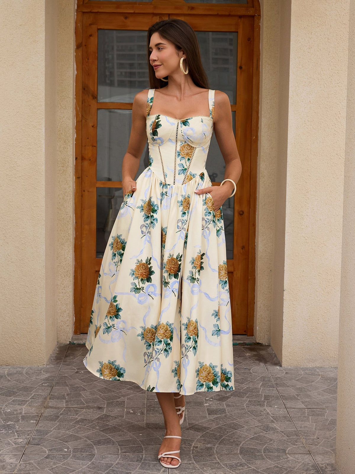 Openwork Split Thigh Pocket Print Dress
