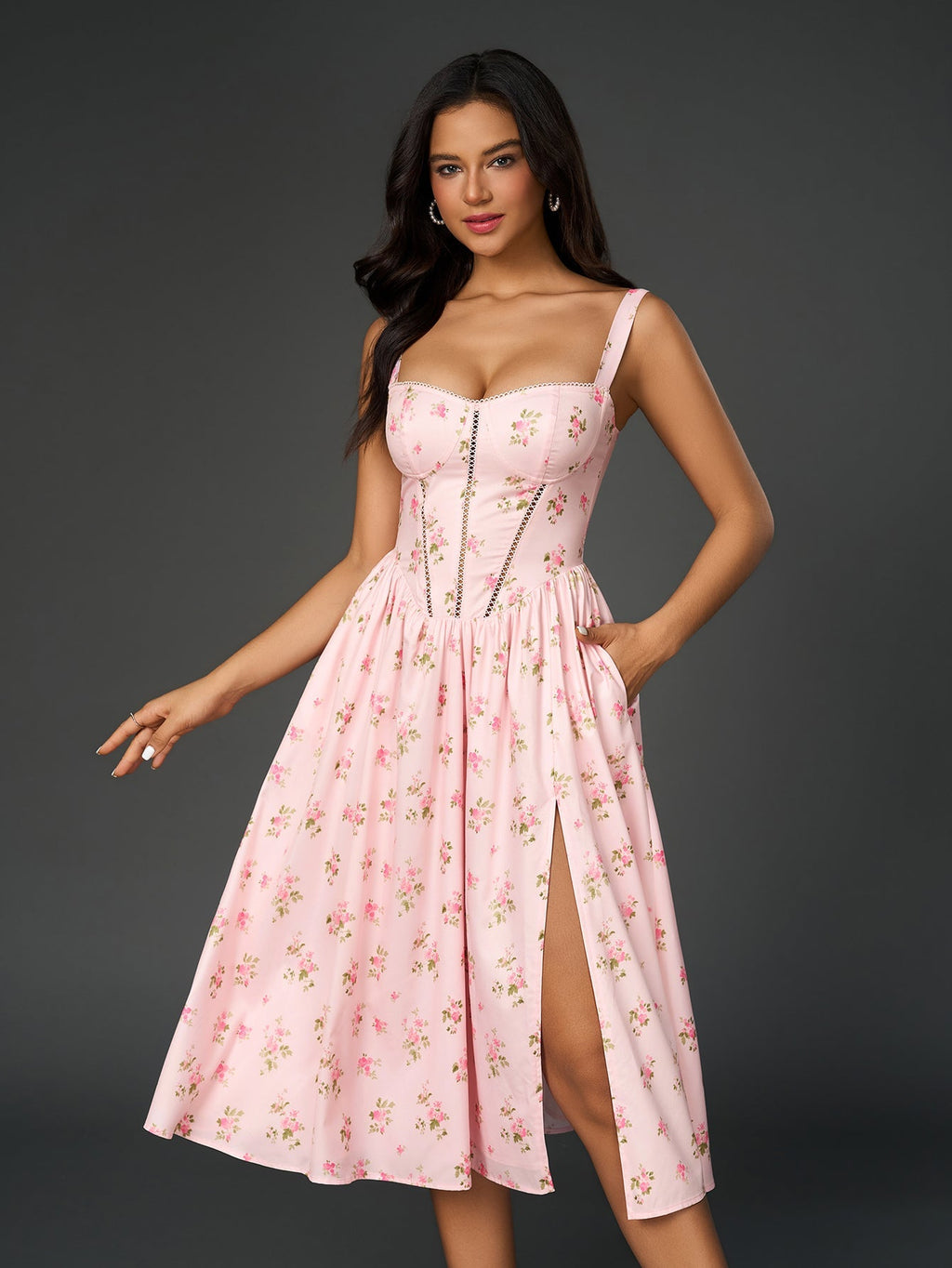 Openwork Split Thigh Pocket Print Dress