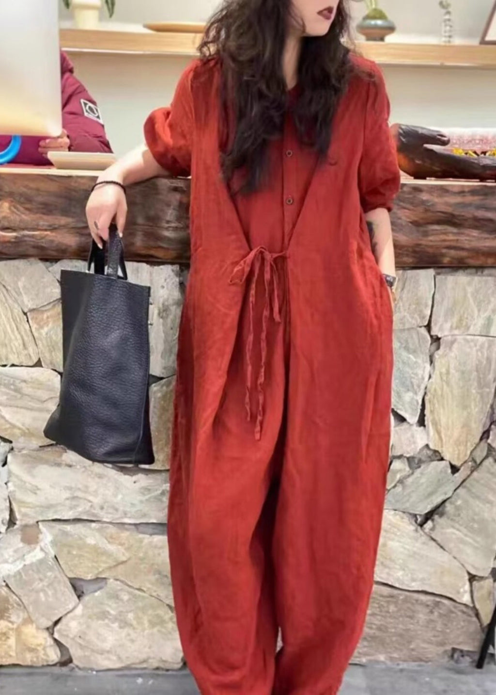 Original Design Red Lace Up Stylish Jumpsuits Fall Qa051